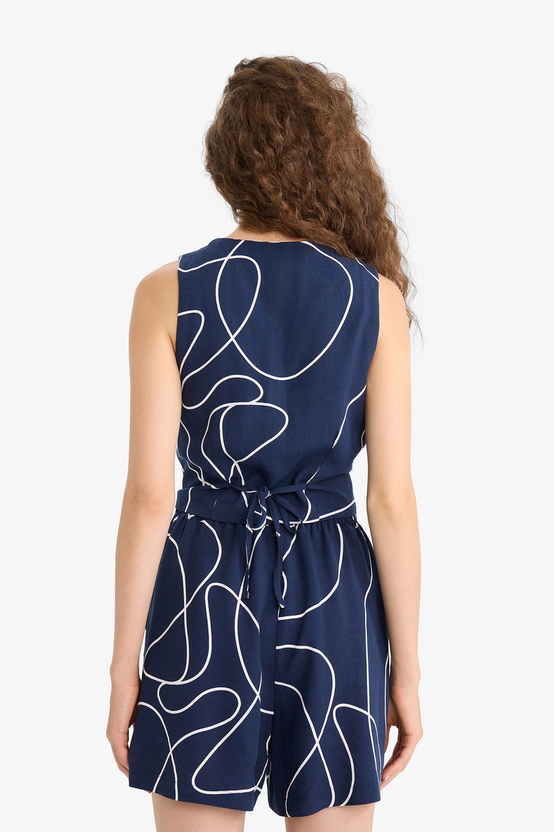 DeFacto Blue Woman V Neck Floral Linen Blend Vest Casual - Image 5